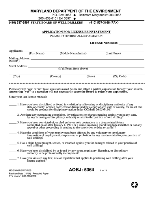 Fillable Form Mde/wma/bwd/res - Application For License Reinstatement Printable pdf