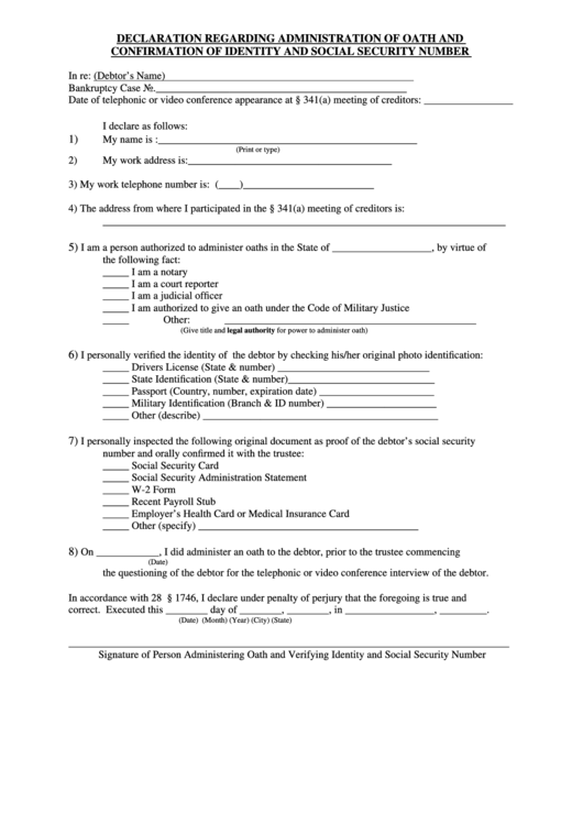 Declaration Regarding Administration Of Oath And Confirmation Of Identity And Social Security Number Form Printable pdf