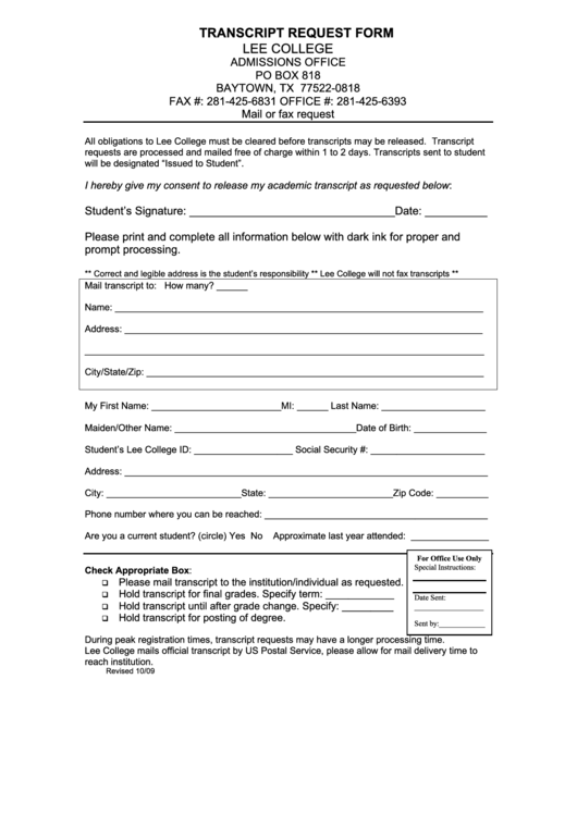 Transcript Request Form Lee College Printable pdf
