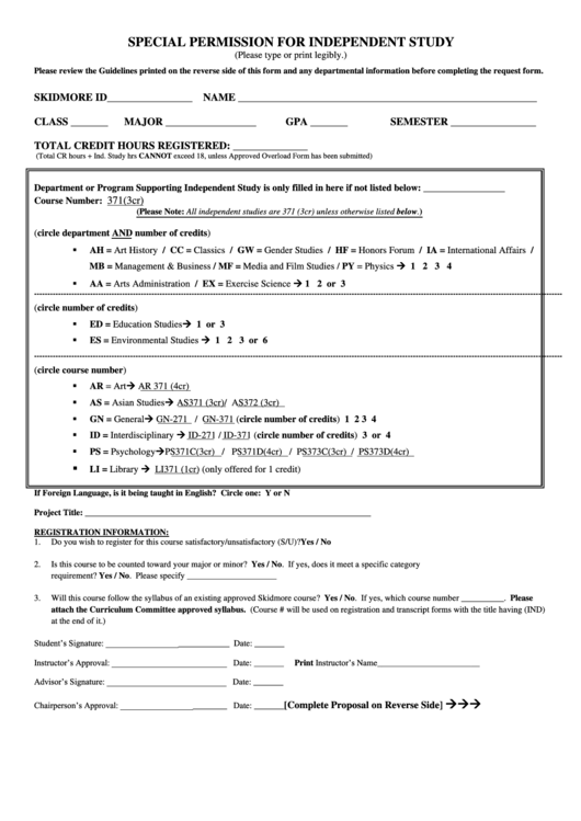 Special Permission For Independent Study Form printable pdf download