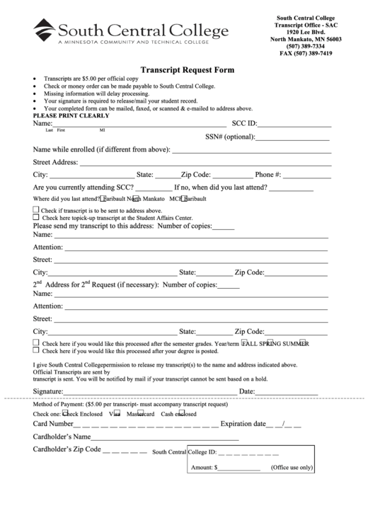 Transcript Request Form - South Central College Printable pdf