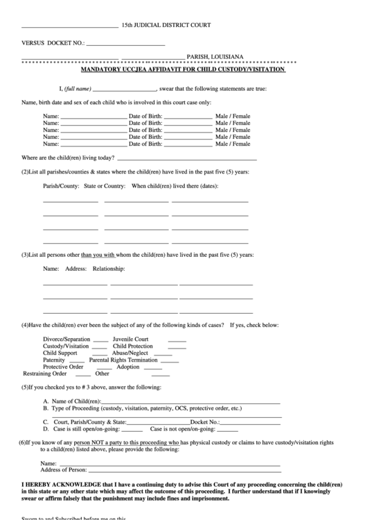 Mandatory Uccjea Affidavit For Child Custody/visitation Form Printable pdf