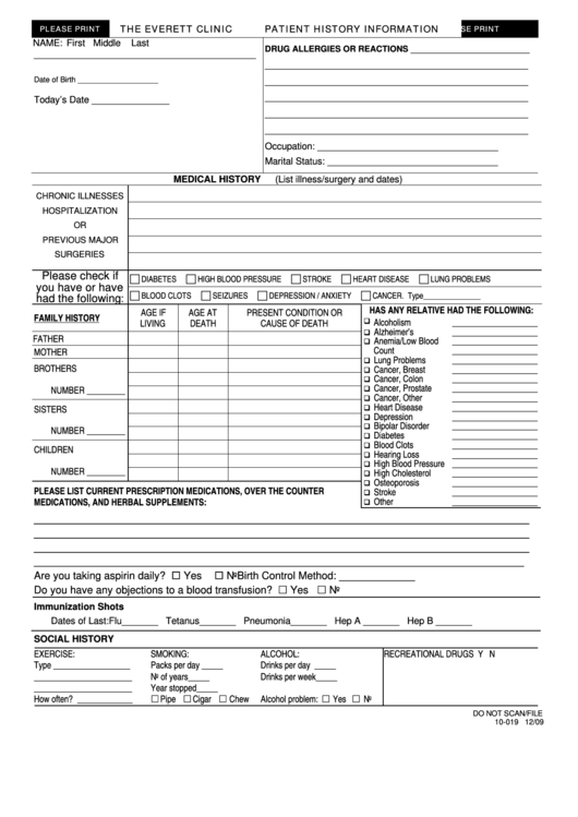 Adult Medical History Form printable pdf download