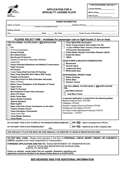 Form Vtr-999 - Application For A Specialty License Plate Printable pdf