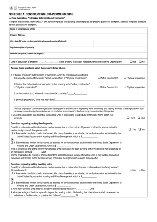 Fillable Form 50-310 - Schedule A: Constructing Low-Income Housing Printable pdf