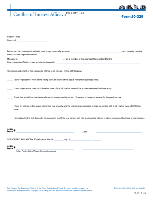 Fillable Form 50-229 - Conflict Of Interest Affidavit Printable pdf