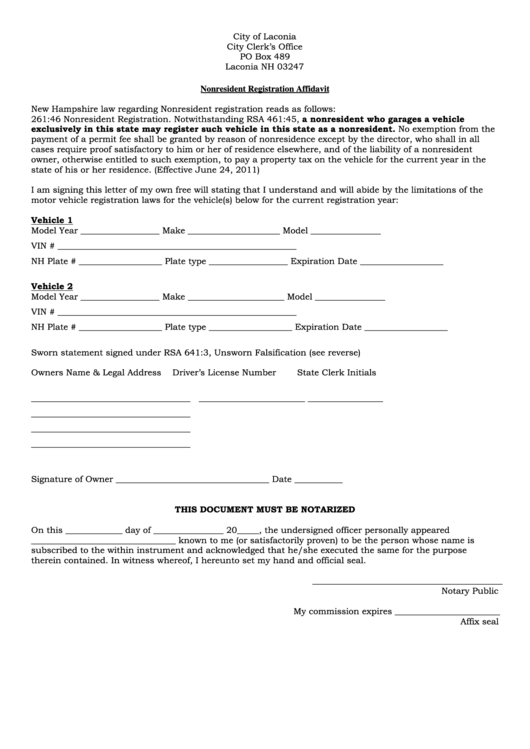 Nonresident Registration Affidavit Form Printable pdf