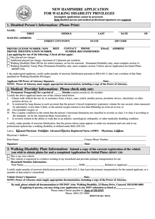 Fillable Form Rdmv 130 - Application For Walking Disability Privileges Form Printable pdf