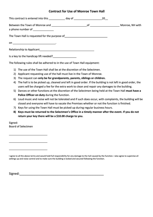Contract For Use Of Monroe Town Hall Form Printable pdf