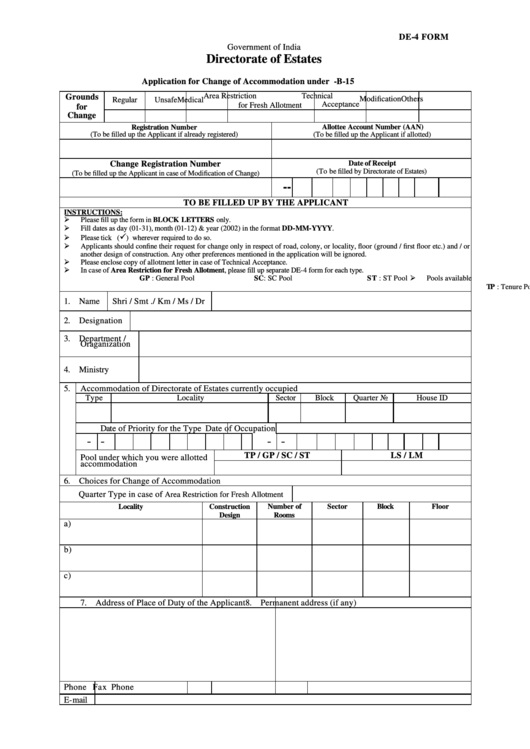 De-4 Form - Directorate Of Estates Form Printable pdf