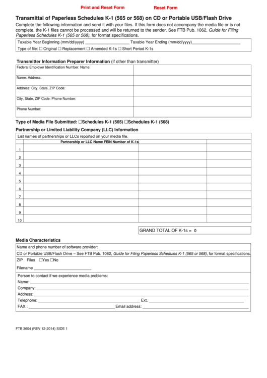 Fillable Form Ftb 3604 - Transmittal Of Paperless Schedules K-1 (565 Or 568) On Cd Or Portable Usb/flash Drive Printable pdf