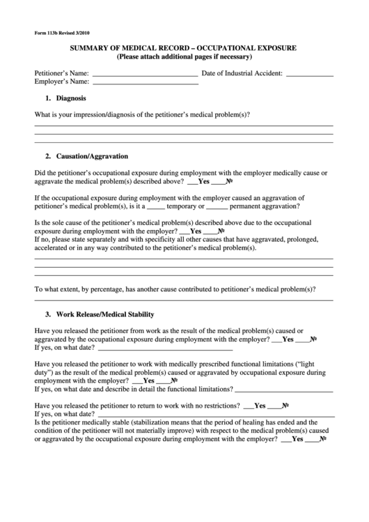Fillable Form 113b - Summary Of Medical Record - Occupational Exposure Printable pdf