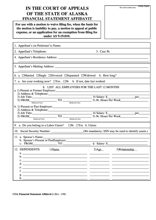 Fillable Form Coa - Financial Statement Affidavit Printable pdf