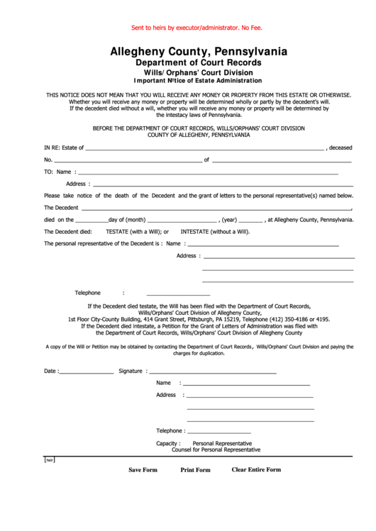 Important Notice Of Estate Administration Form-allegheny County-pennsylvania