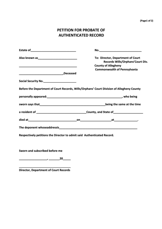 Fillable Petition For Probate Of Authenticated Copy Of Will-Decree Of Probate Form Printable pdf
