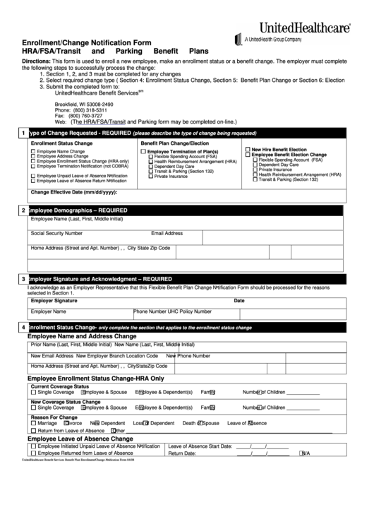 Enrollment-Change Notification Form Hra/fsa/transit And Parking Benefits Plans Printable pdf
