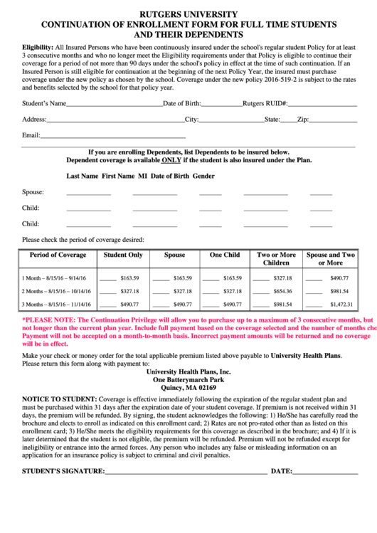 Continuation Of Enrollment Form For Full Time Students And Their Dependents Printable pdf