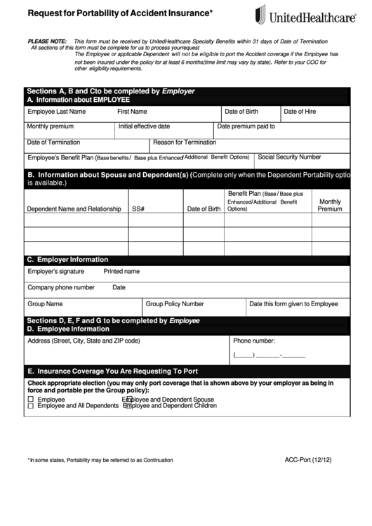 Form Acc-Port - Request For Portability Of Accident Insurance Printable pdf