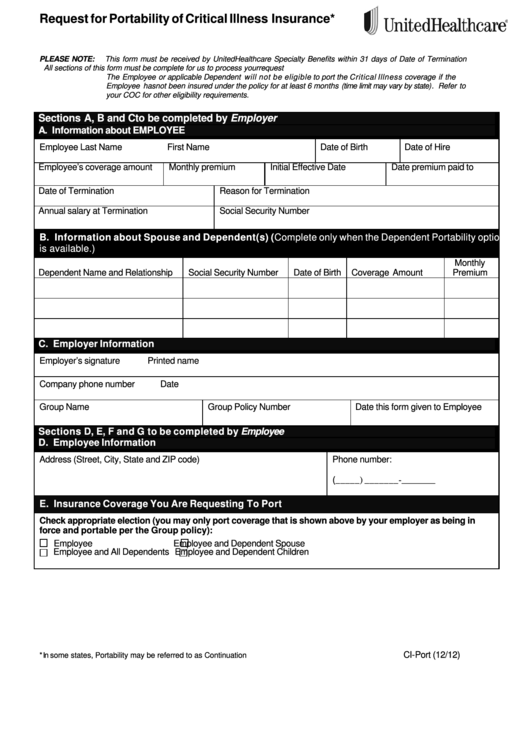 Form Ci-Port - Request For Portability Of Critical Illness Insurance Printable pdf