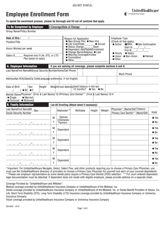 Form Sb.eelng.10.mo - Employee Enrollment Form - 2010 Printable pdf
