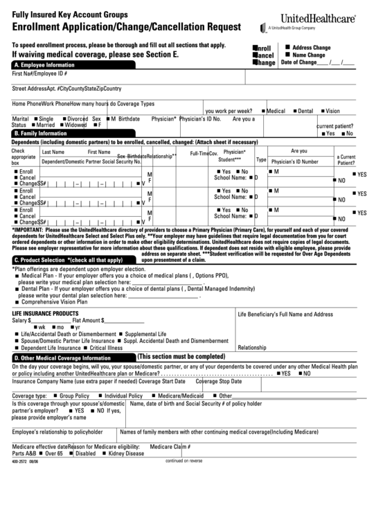 Fillable Form 400-2572-Enrollment Application-Change-Cancellation Request Printable pdf