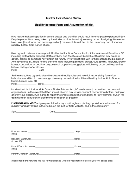 Liability Release Form And Assumption Of Risk Form-Dance Studio Printable pdf