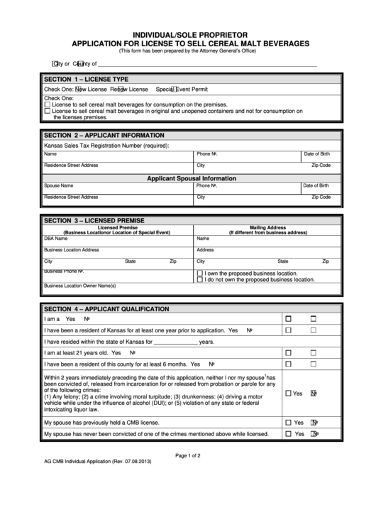 Fillable Individual/sole Proprietor Application For License To Sell Cereal Malt Beverages Printable pdf