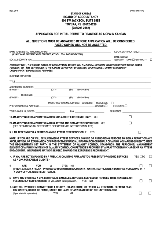 Application Form For Initial Permit To Practice As A Cpa In Kansas Printable pdf