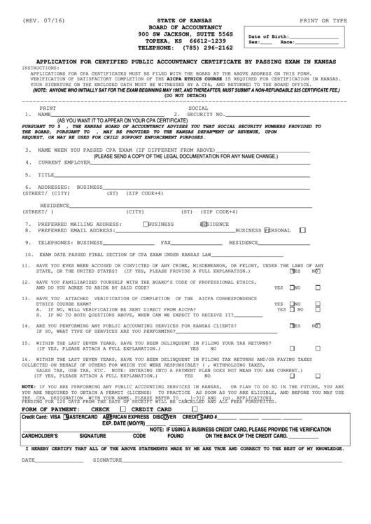 Application Form For Certificate By Passing Examination In Kansas Printable pdf