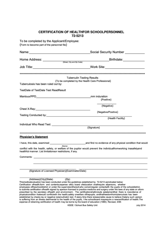 Fillable Certification Form Of Health For School Personnel Printable pdf