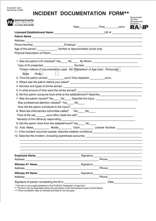 Plcb-2027-Incident Documentation Form Printable pdf
