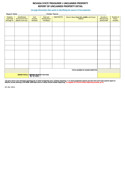 Fillable Form Up-2-Report Of Unclaimed Property Detail Printable pdf
