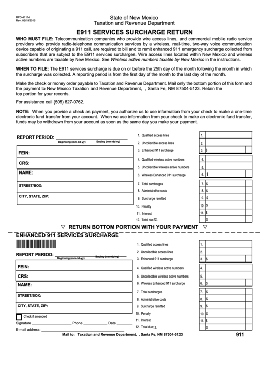 Form Rpd-41114 - E911 Services Surcharge Return Printable pdf