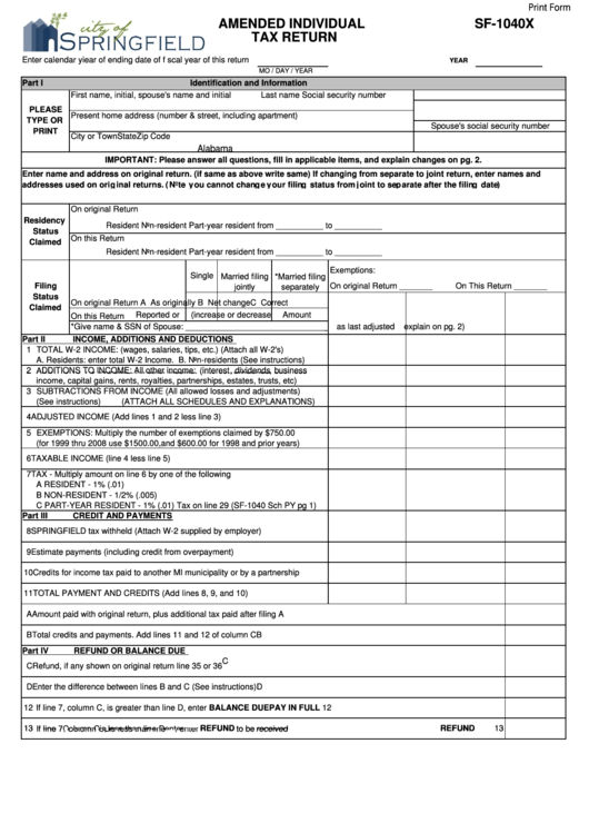 Fillable Form Sf-1040x-Amended Individual Tax Return Printable pdf