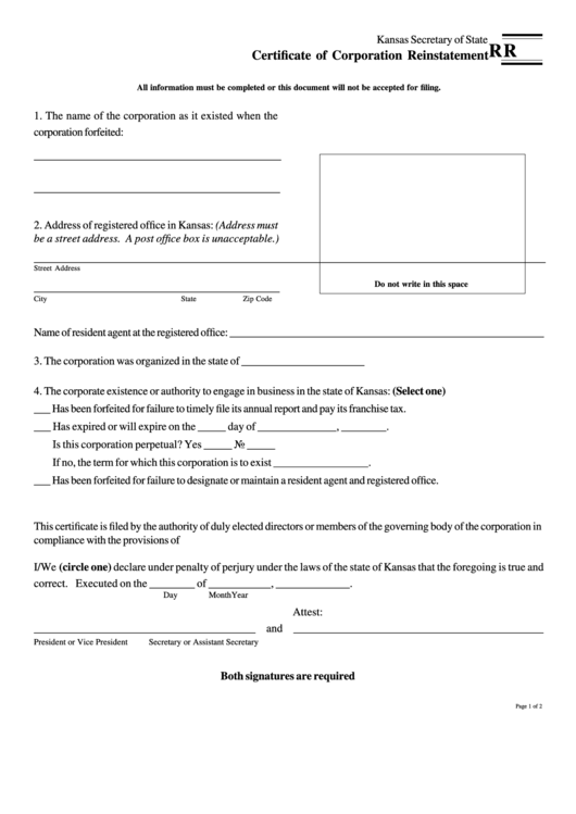 Form Rr - Certificate Of Corporation Reinstatement Printable pdf