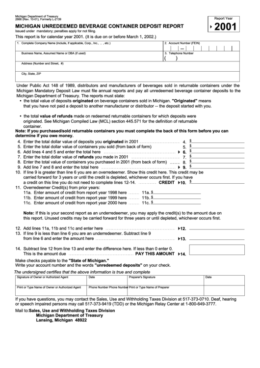 Form 2666 - Michigan Unredeemed Beverage Container Deposit Report - 2001 Printable pdf