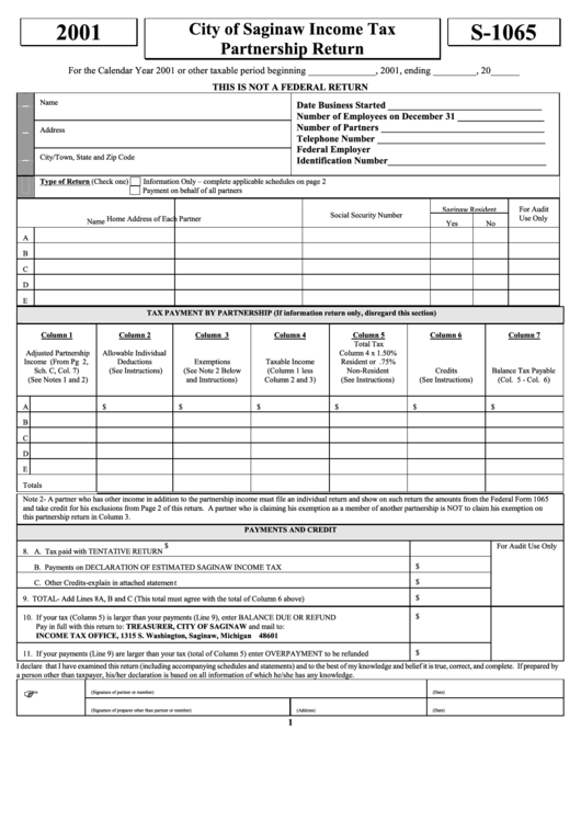 Form S-1065 - City Of Saginaw Income Tax Partnership Return - 2001 Printable pdf
