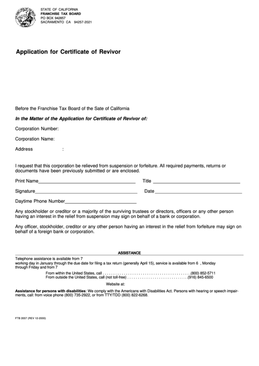 Form Ftb 3557-Application For Certificate Of Revivor Printable pdf