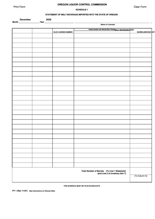 Fillable Form Pt 1 - Oregon Liquor Control Commission Schedule 1 Statement Of Malt Beverage Imported Into The State Of Oregon Printable pdf