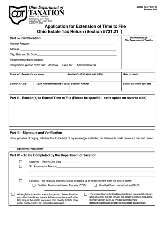 Estate Tax Form 24 - Application For Extension Of Time To File Ohio Estate Tax Return Printable pdf