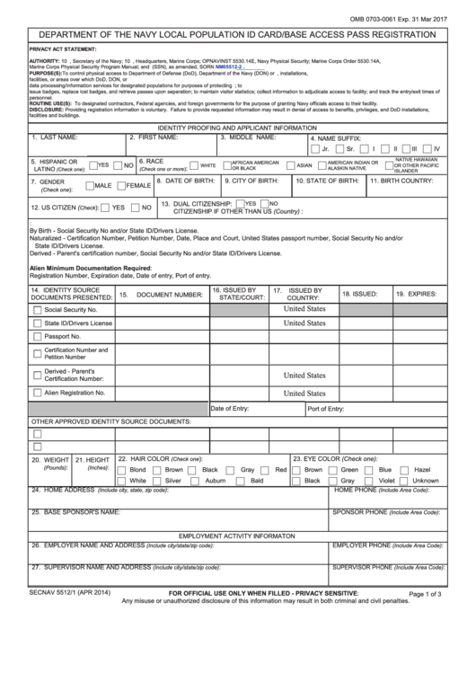Form Secnav 5512/1 - Department Of The Navy Local Population Id Card/base Access Pass Registration