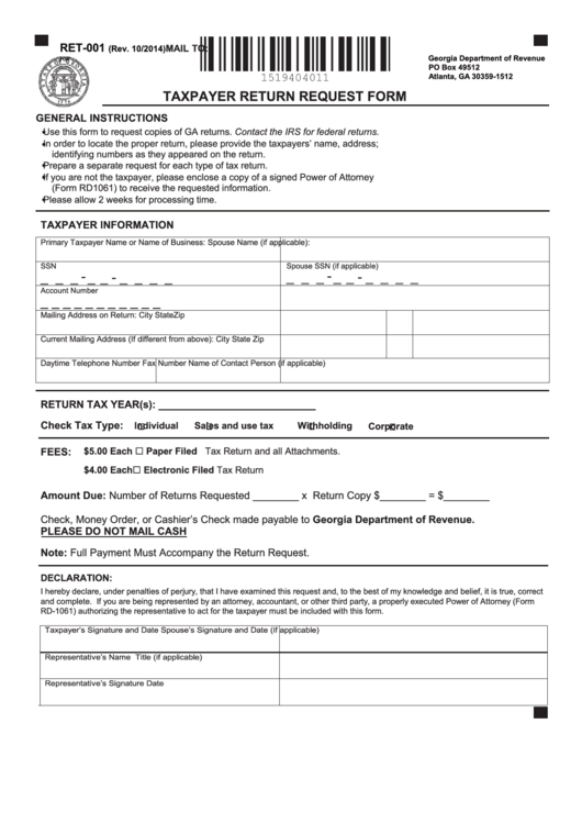 Fillable Form Ret-001 - Taxpayer Return Request Form Printable pdf