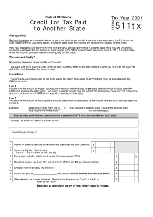 Form 511tx - Credit For Tax Paid To Another State - 2001 Printable pdf