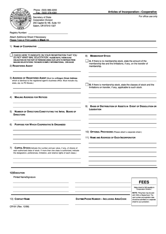 Fillable Form Cr191 - Articles Of Incorporation - Cooperative Printable pdf