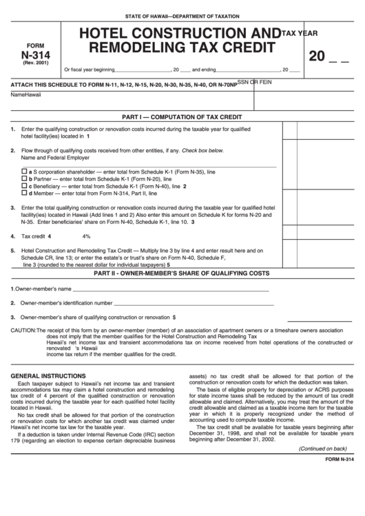 Form N-314-Hotel Construction And Remodeling Tax Credit Printable pdf