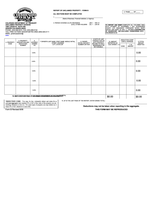 Fillable Form B-Report Of Unclaimed Property Printable pdf