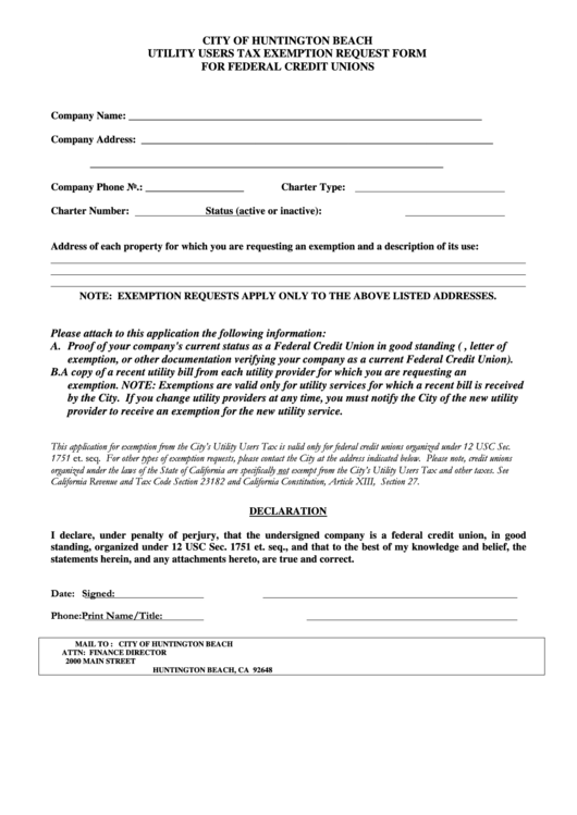 Utility Users Tax Exemption Request Form For Federal Credit Unions - City Of Huntington Beach Printable pdf