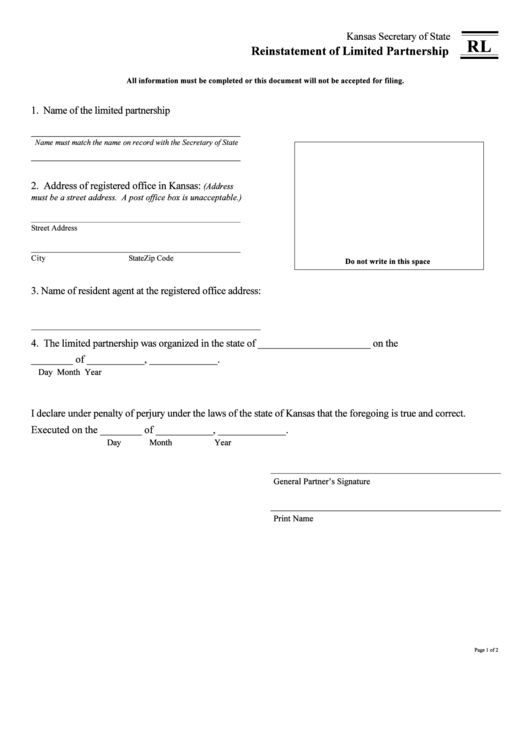 Form Rl -Reinstatement Of Limited Partnership - 2001 Printable pdf