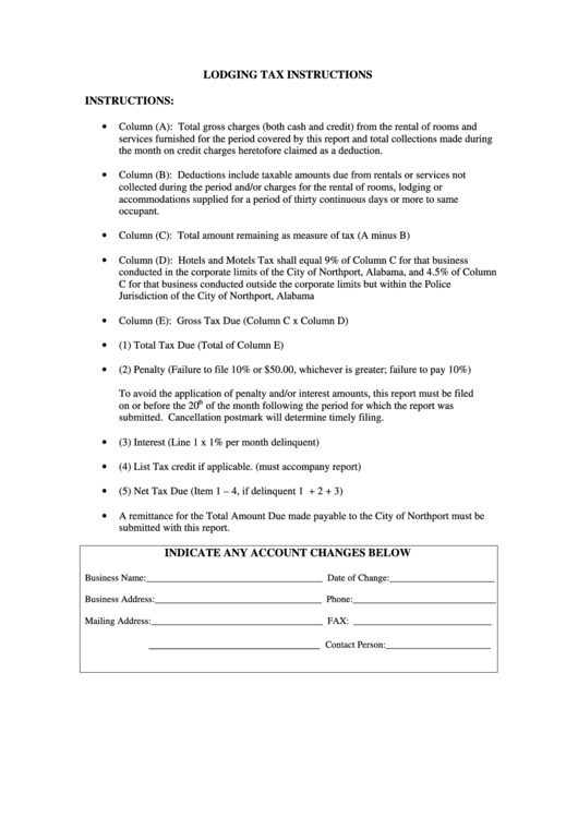 Lodging Tax Report Form - City Of Northport Printable pdf
