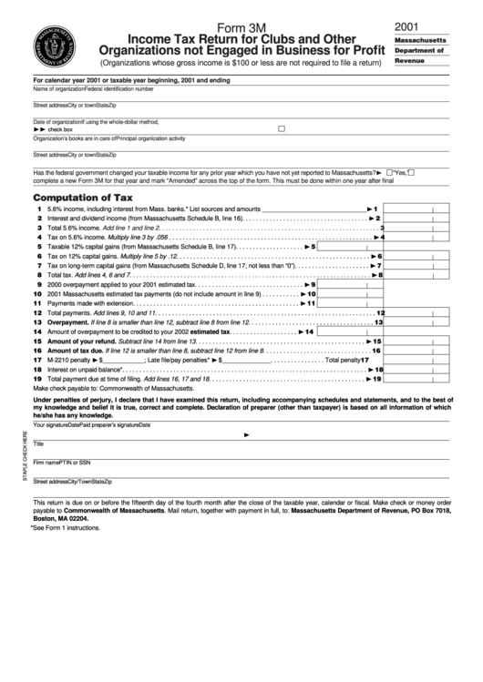 Form 3m - Income Tax Return For Clubs And Other Organizations Not Engaged In Business For Profit - 2001 Printable pdf